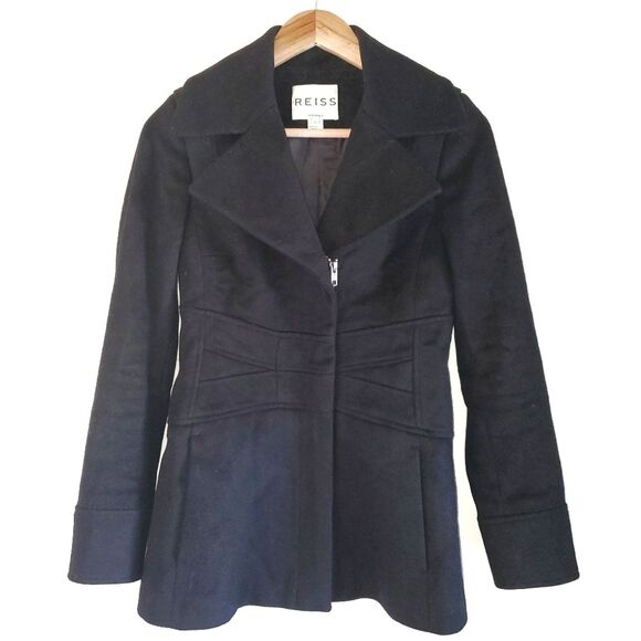 Reiss Black Wool Cashmere Black Pea Coat Jacket Tailored Fit Size XS - Picture 1 of 14